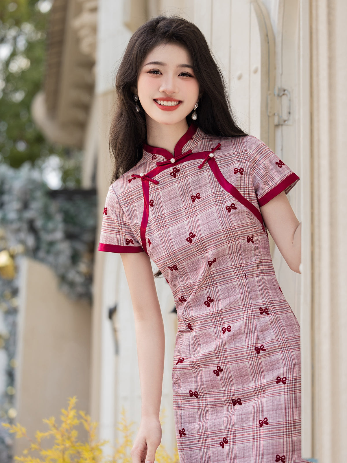 Red Bows - Short Sleeve Midi Cheongsam