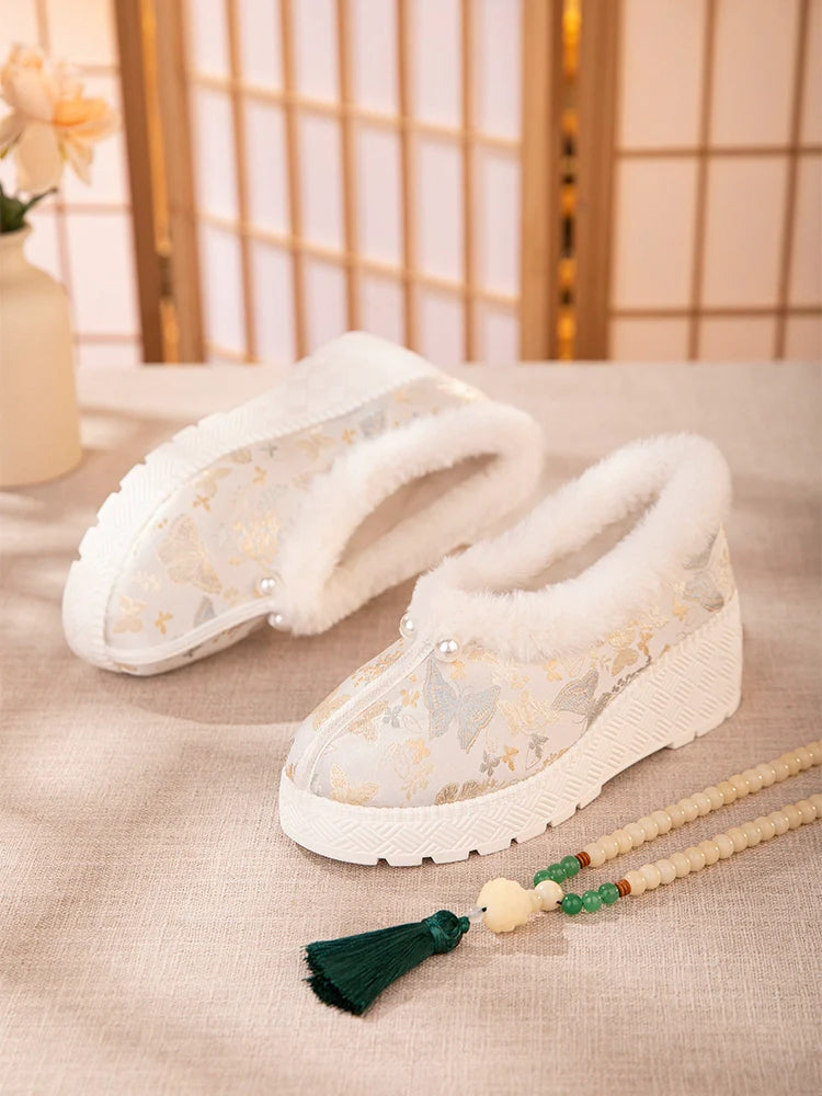 Mary - Furry Brocade Hanfu Shoes for Winter