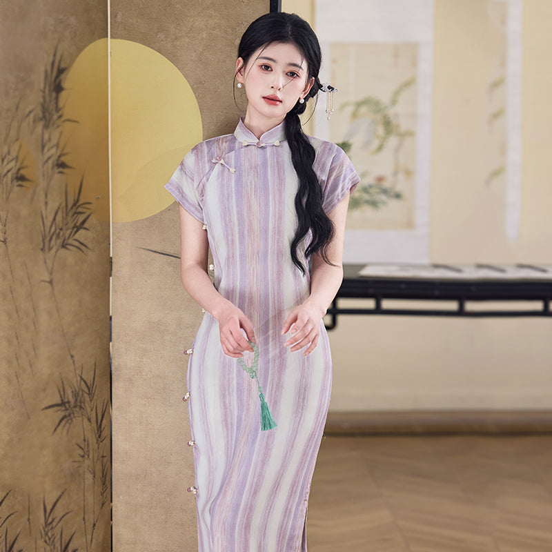 Light and Dust 和光同尘 - Short Sleeve Retro Stripes Long Cheongsam