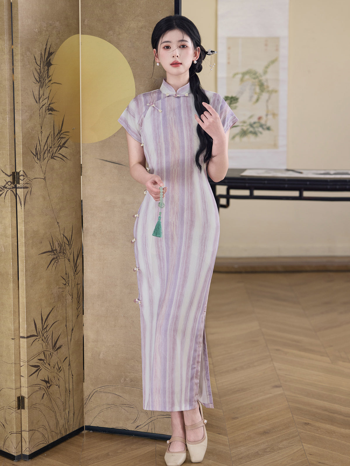 Light and Dust 和光同尘 - Short Sleeve Retro Stripes Long Cheongsam