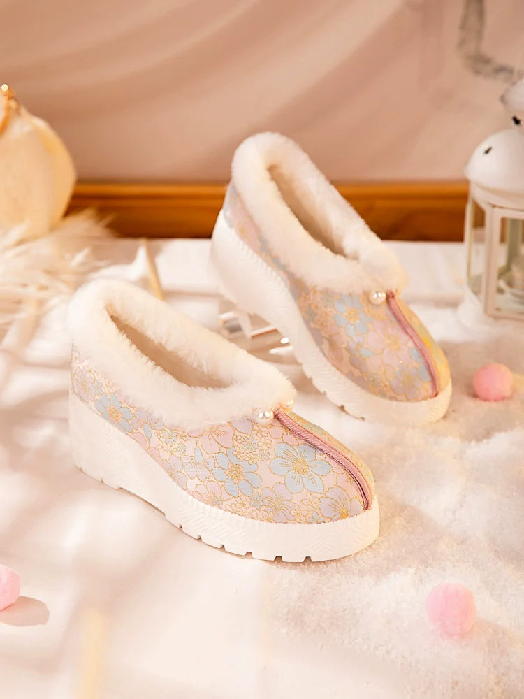 Mila - Furry Brocade Hanfu Shoes for Winter