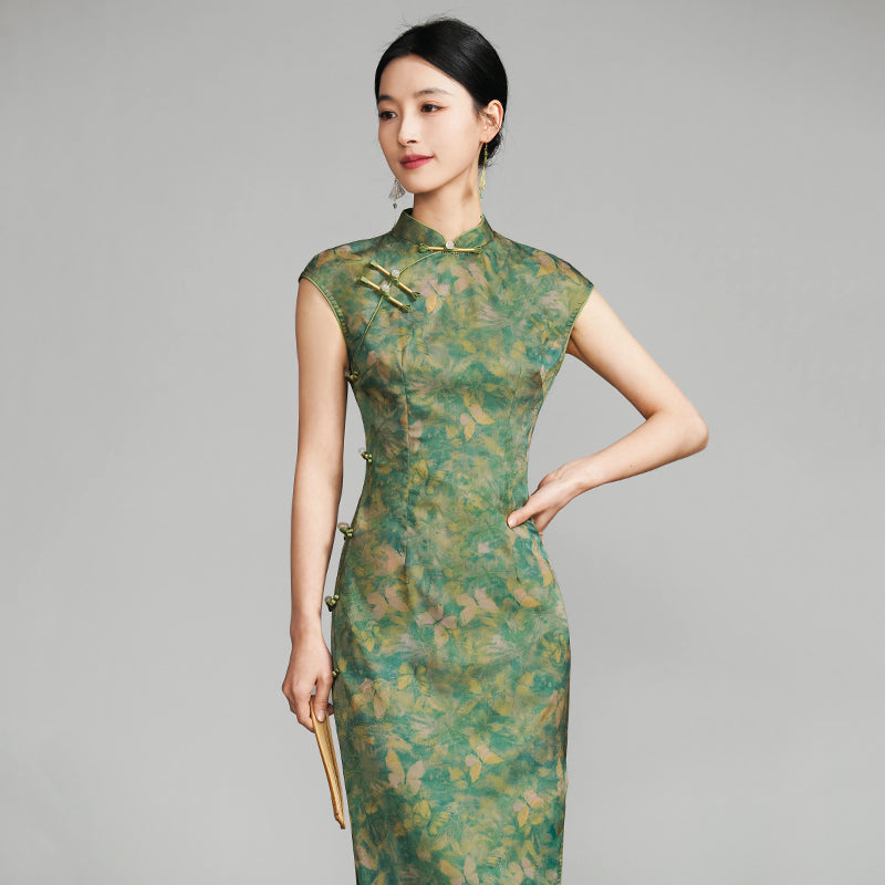Green Butterfly Dream 绿蝶幽梦 - Sleeveless Retro Long Cheongsam