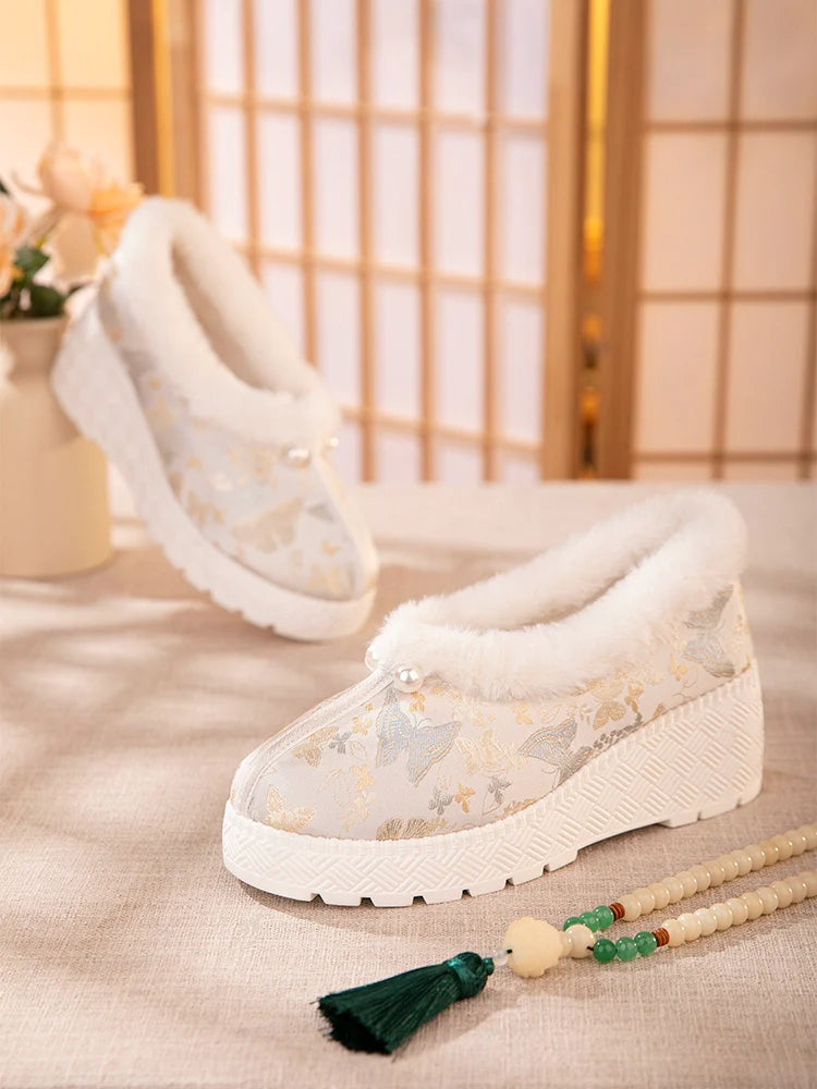 Mary - Furry Brocade Hanfu Shoes for Winter