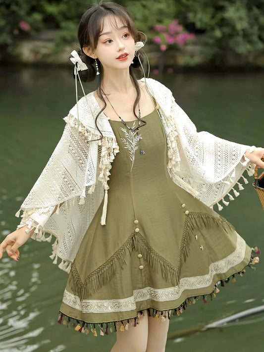 Qi Lolita Ming Dynasty Hanfu Cottage Inspired Dress, Rusty Green