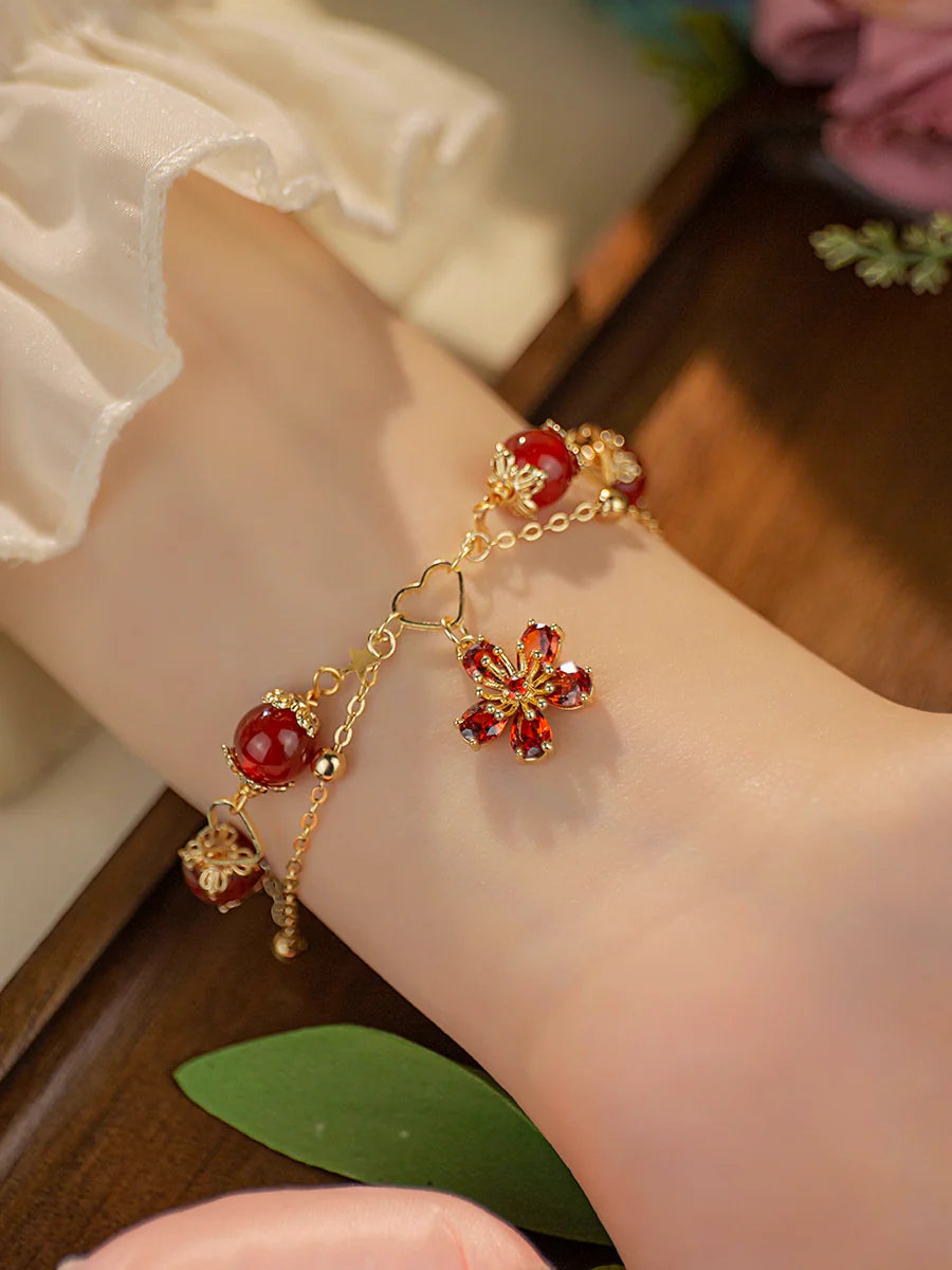 Five-Petal Flower Red Agate Bracelet