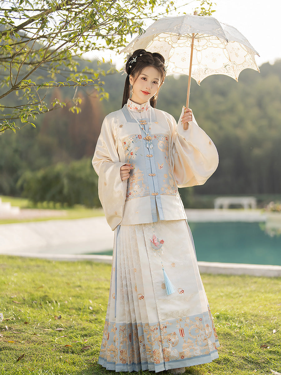 White Moon Pavilion 白月亭 - Pipa Sleeve Top & Mamianqun Ming Dynasty Hanfu Set