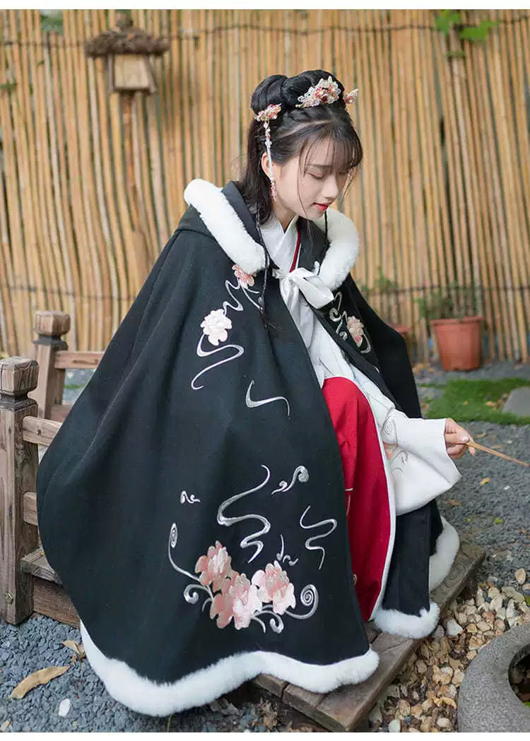 Flowers - Plus-size Hooded Fleece Cloak for Hanfu
