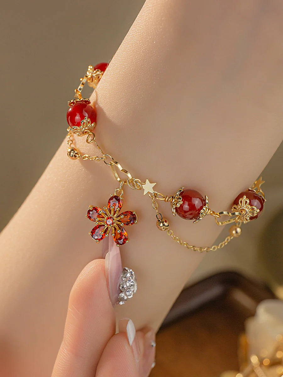 Five-Petal Flower Red Agate Bracelet