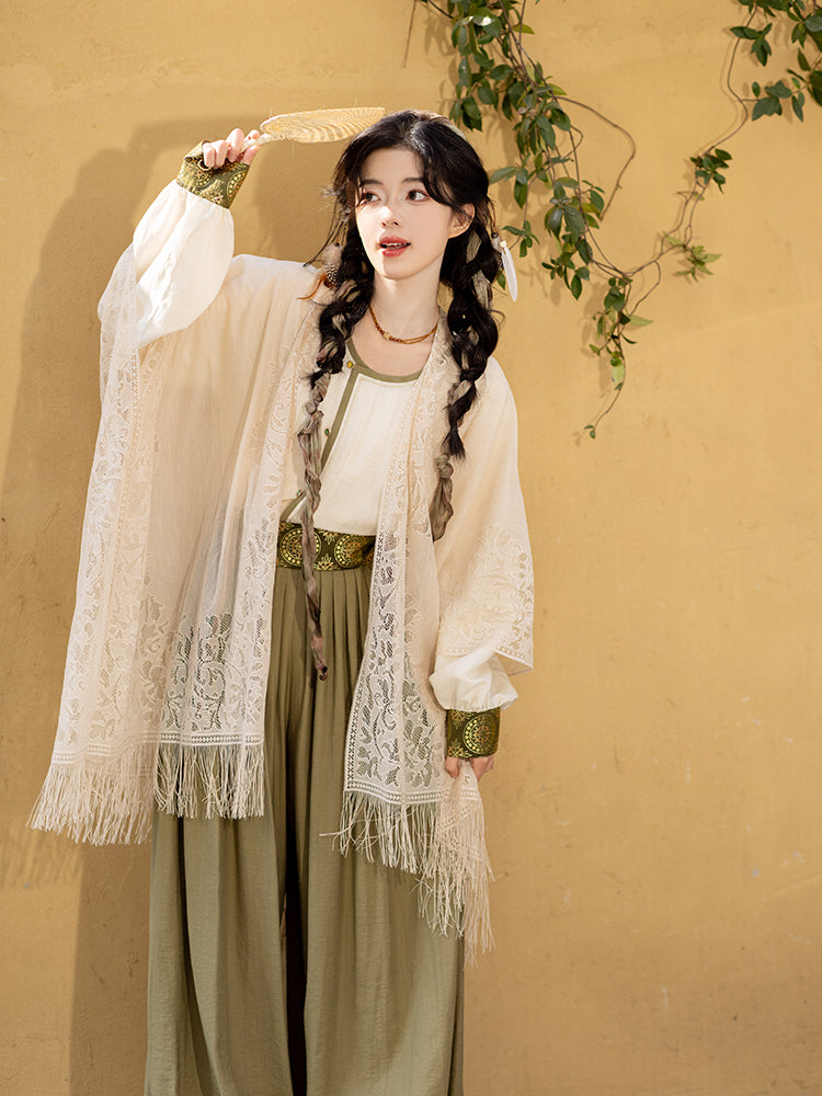 Camel Bells 驼铃 - Tang Dynasty Style Crew Neck Shirt Pleated Bloomers (Preorder)