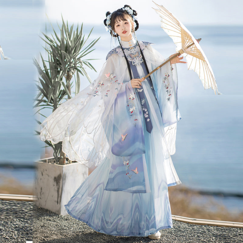 Butterflies and Clouds - Cloud Collar & Pleated Skirt Ming Dynasty Hanfu Set