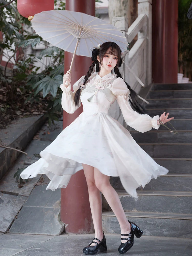 Qi Lolita Cheongsam Inspired Puff Sleeve, Sleeping Bamboo 竹隐花眠