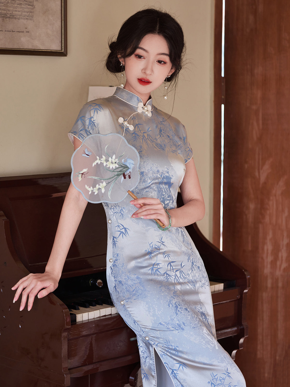 Indigo Iris - Short Sleeve Blue Bamboo Midi Cheongsam