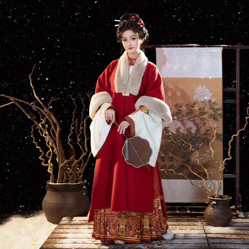 Festiva - Fur Coat & Mamianqun Ming Dynasty Hanfu Set