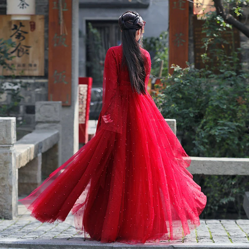 WJNS Dynasties Hanfu - Cross Collar Jiaoling Ruqun in Scarlett
