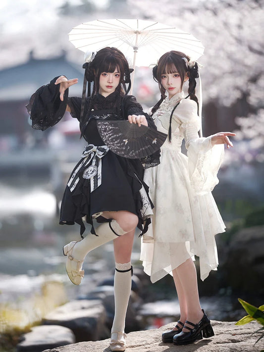 Qi Lolita Cheongsam Inspired Puff Sleeve, Sleeping Bamboo 竹隐花眠