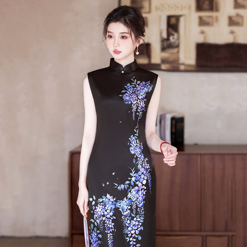 Brocade Wisterias - Sleeveless Floral Midi Cheongsam