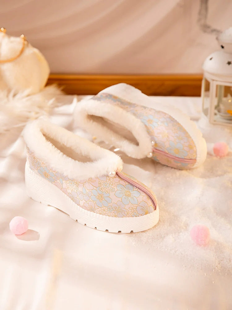 Mila - Furry Brocade Hanfu Shoes for Winter