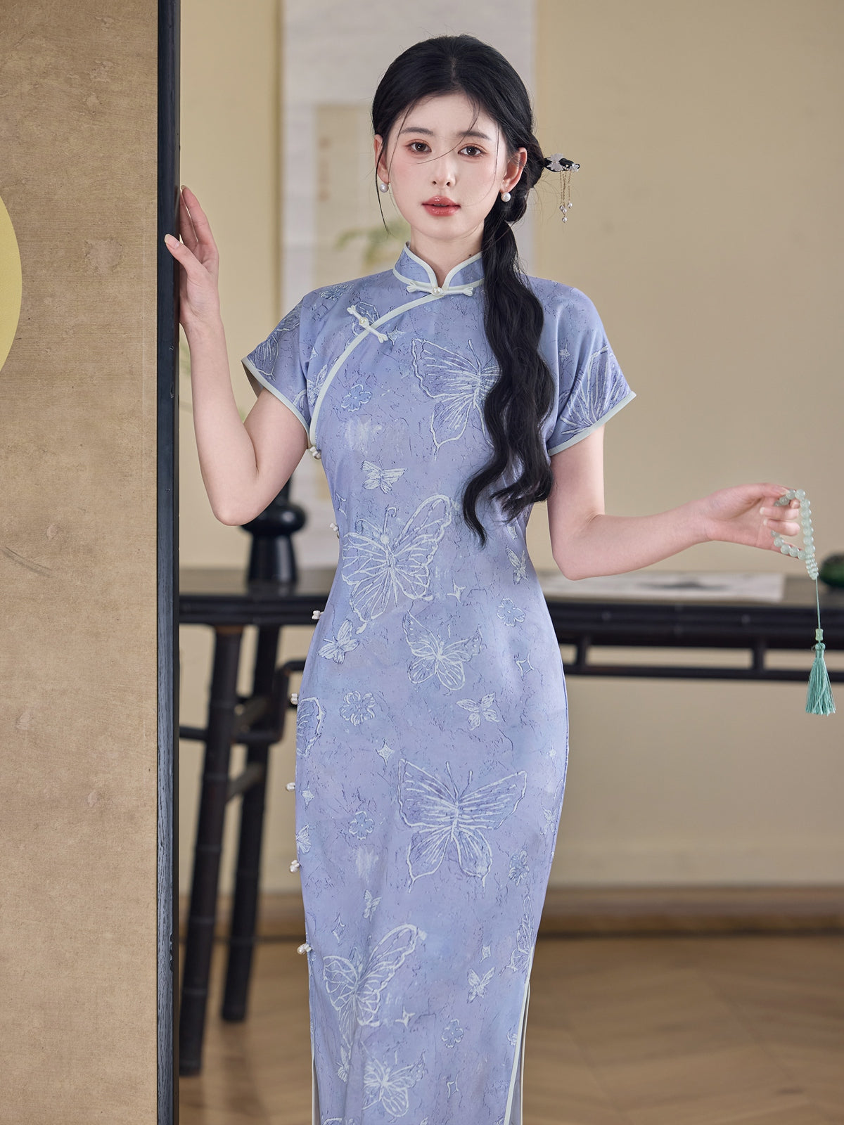 Acacia Butterfly - Short Sleeve Purple Long Cheongsam