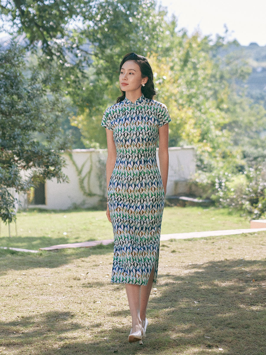 Summer Glaze 夏釉 - Cotton Short Sleeves Mid Length Retro Cheongsam (Preorder)
