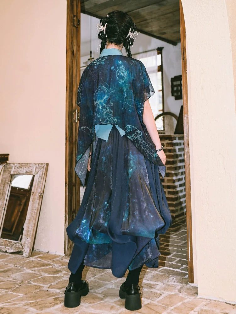 Floating Glow Top 蓝界浮荧 - New Chinese Double Chiffon Cotton Shirt