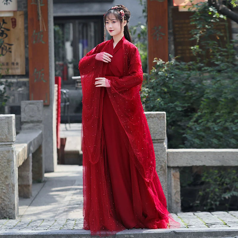 WJNS Dynasties Hanfu - Cross Collar Jiaoling Ruqun in Scarlett