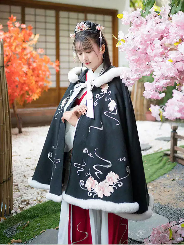 Flowers - Plus-size Hooded Fleece Cloak for Hanfu