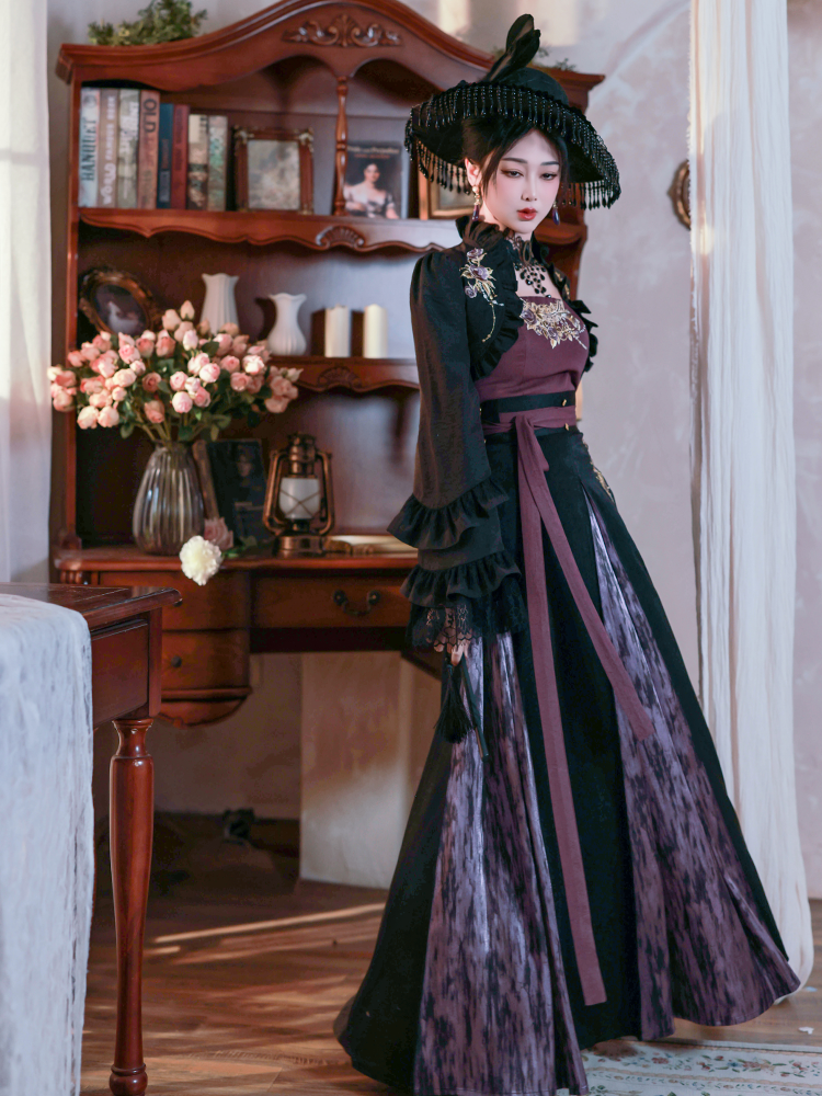 Night Earl 夜伯爵 - Dark Qi Lolita Black Lace Chinese Style Outfit (Preorder)