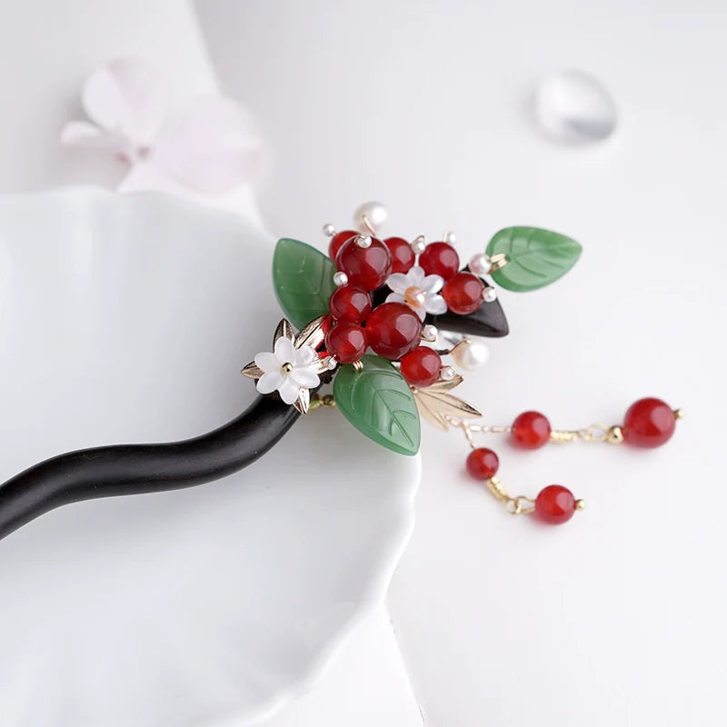 Hair Pin & Earrings: Red Beans