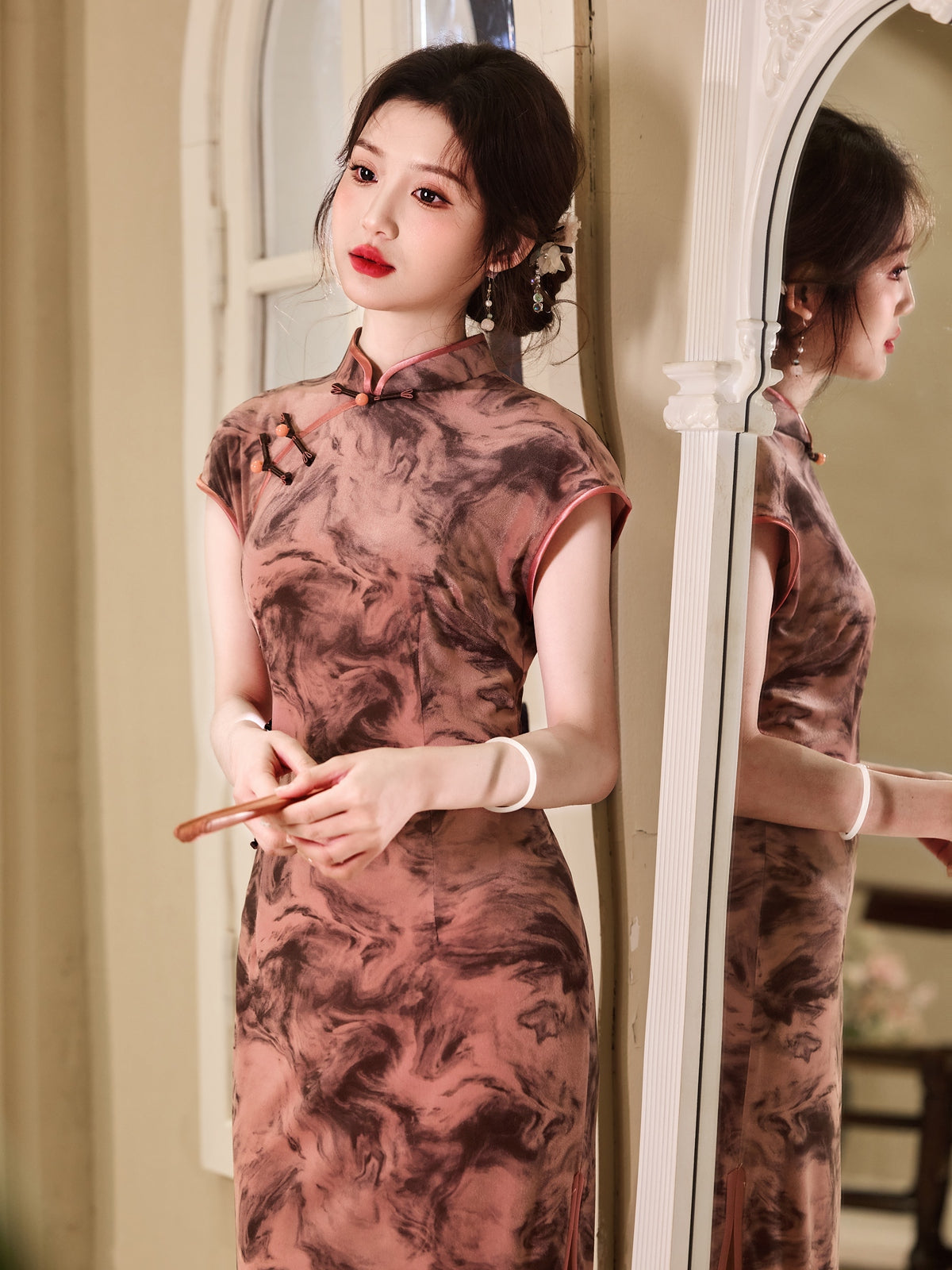 Velvet - Short Sleeve Vintage Red Long Cheongsam