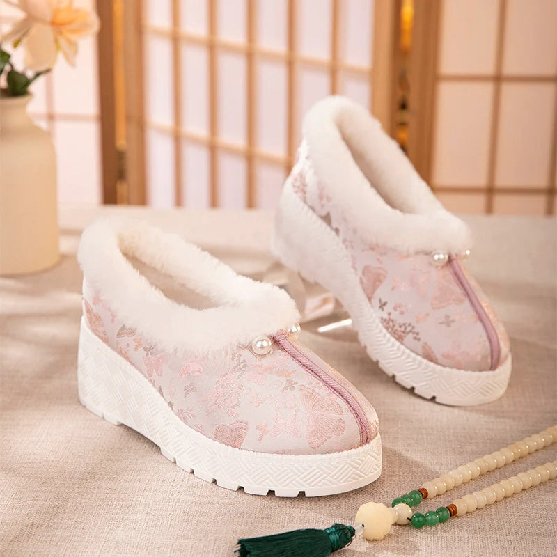 Mary - Furry Brocade Hanfu Shoes for Winter