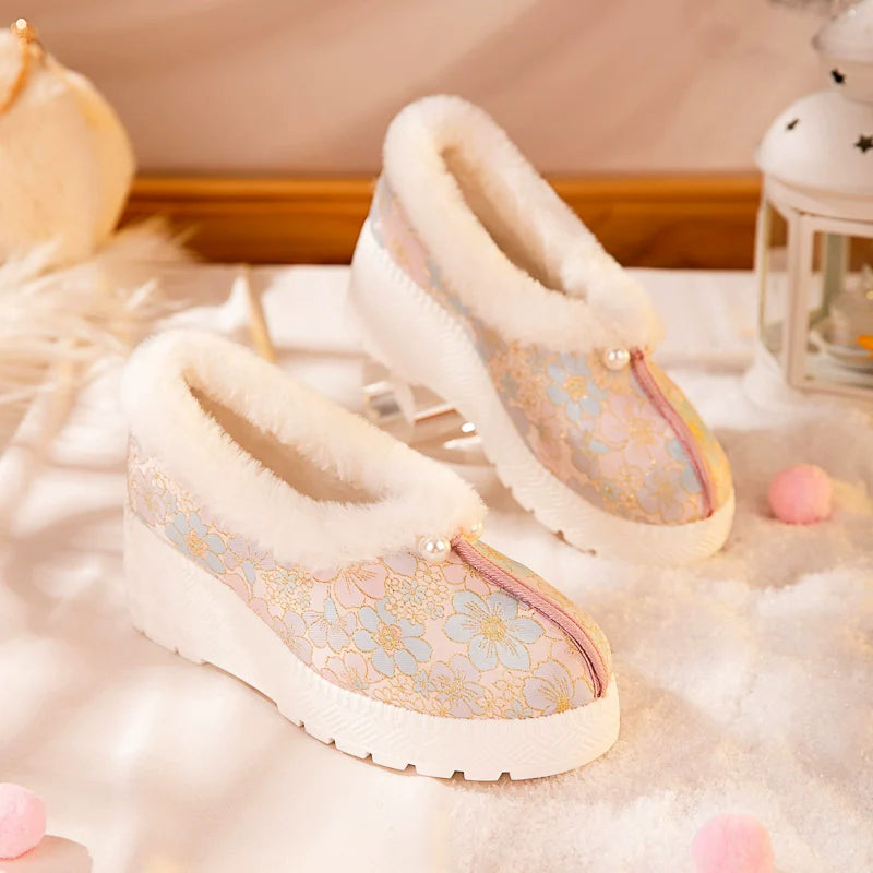 Mila - Furry Brocade Hanfu Shoes for Winter
