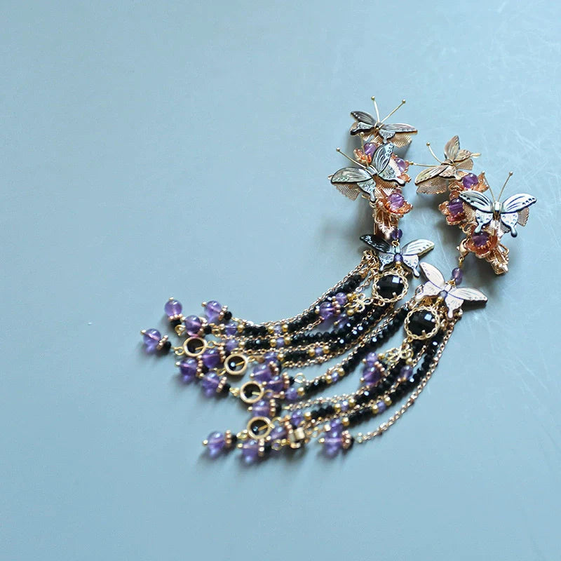 Long Tassels Hair Clip: Dark Butterfly