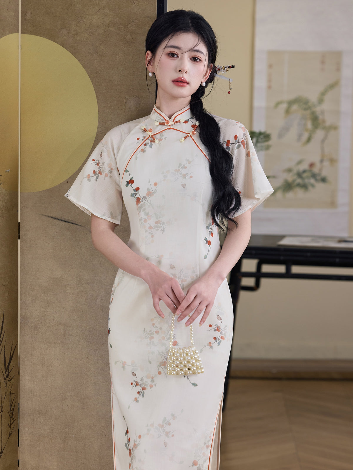 Shuangxi 双栖 - Tencel Flare Sleeve Purple Midi Cheongsam
