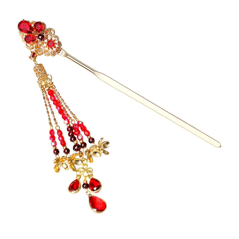 Long Tassels Hair Pin: Glazed Ruby