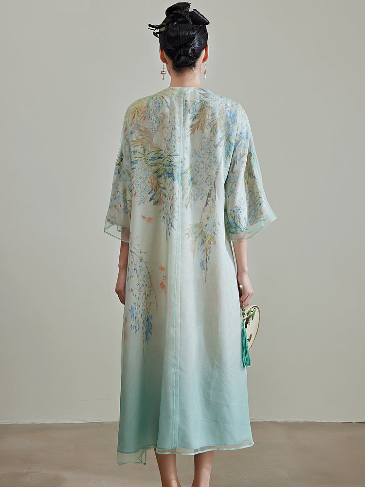 Flower Gradient - 100% Mulberry Silk Loose Cheongsam Dress
