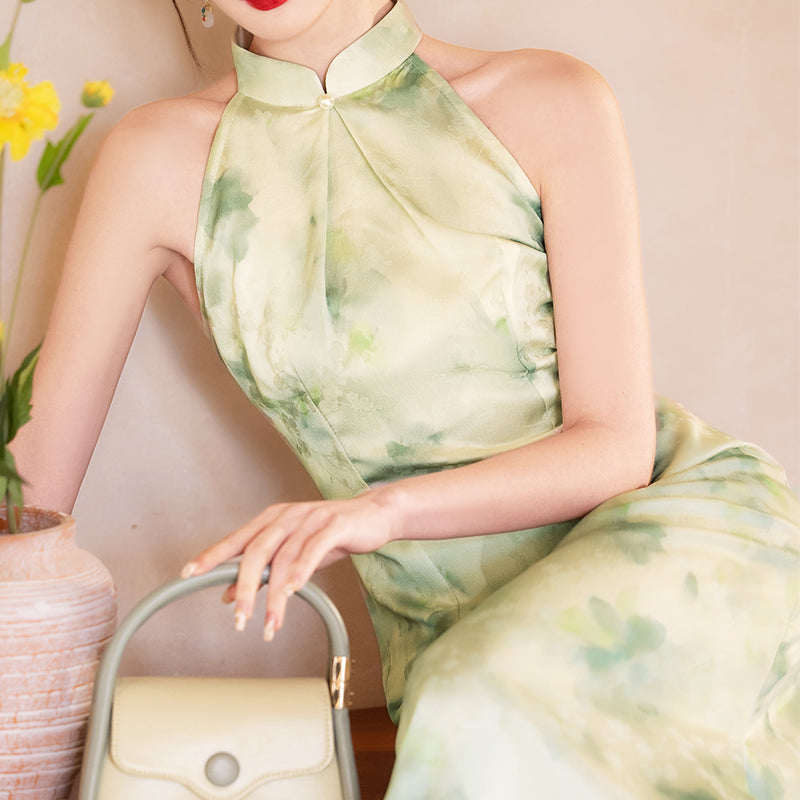 Minty - Halter Neck Satin Midi Green Cheongsam