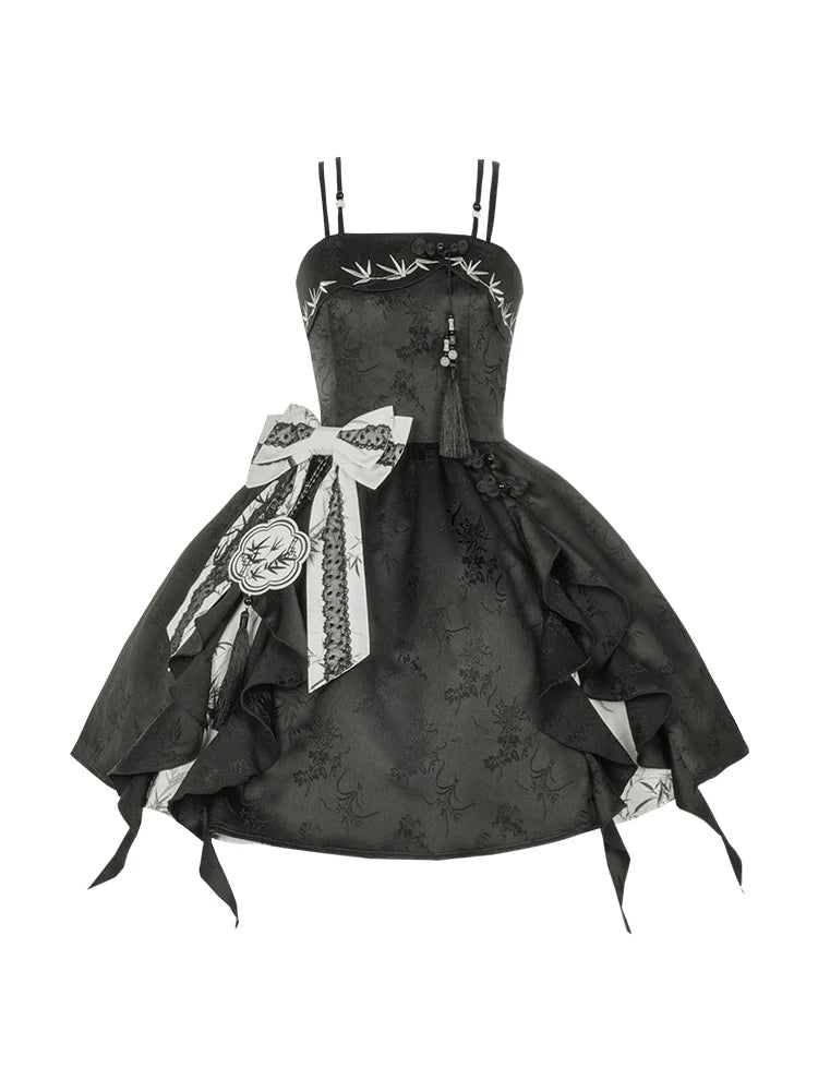 Qi Lolita Cheongsam Inspired Puff Sleeve, Sleeping Bamboo 竹隐花眠