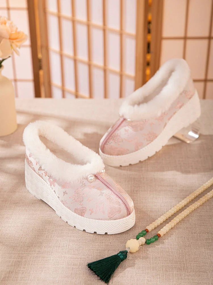 Mary - Furry Brocade Hanfu Shoes for Winter