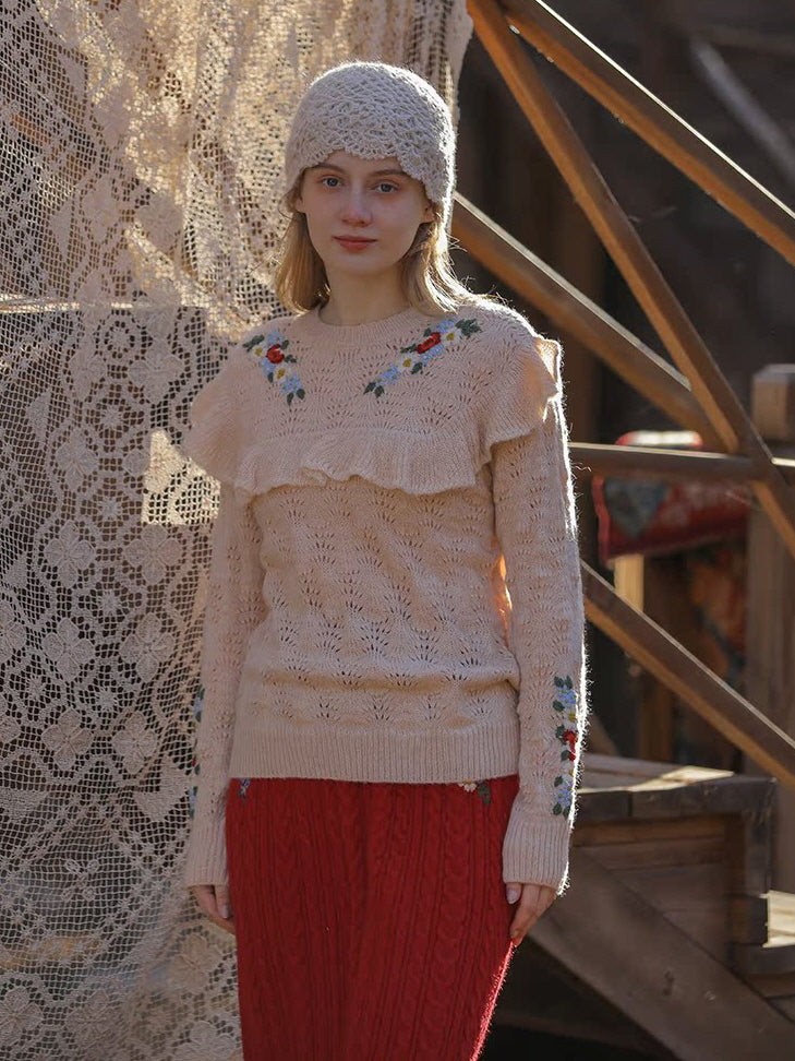Floral Embroidered Ruffle Knit Sweater
