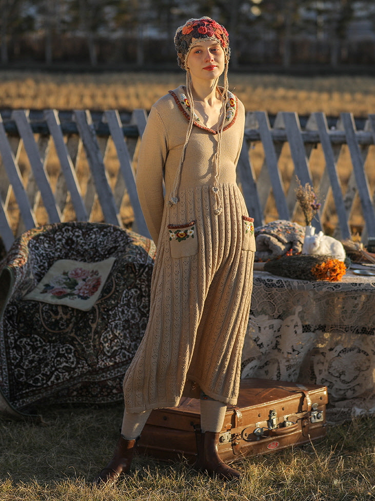 Warm Beige Elegance Floral Knit Dress