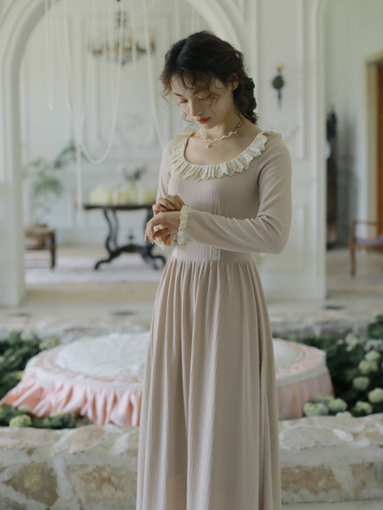 Vintage-Inspired Lace Trim Corduroy Dress