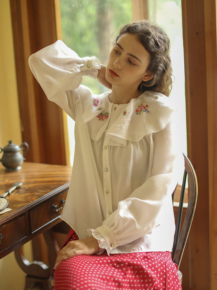 White Cottagecore Floral Ruffle Blouse