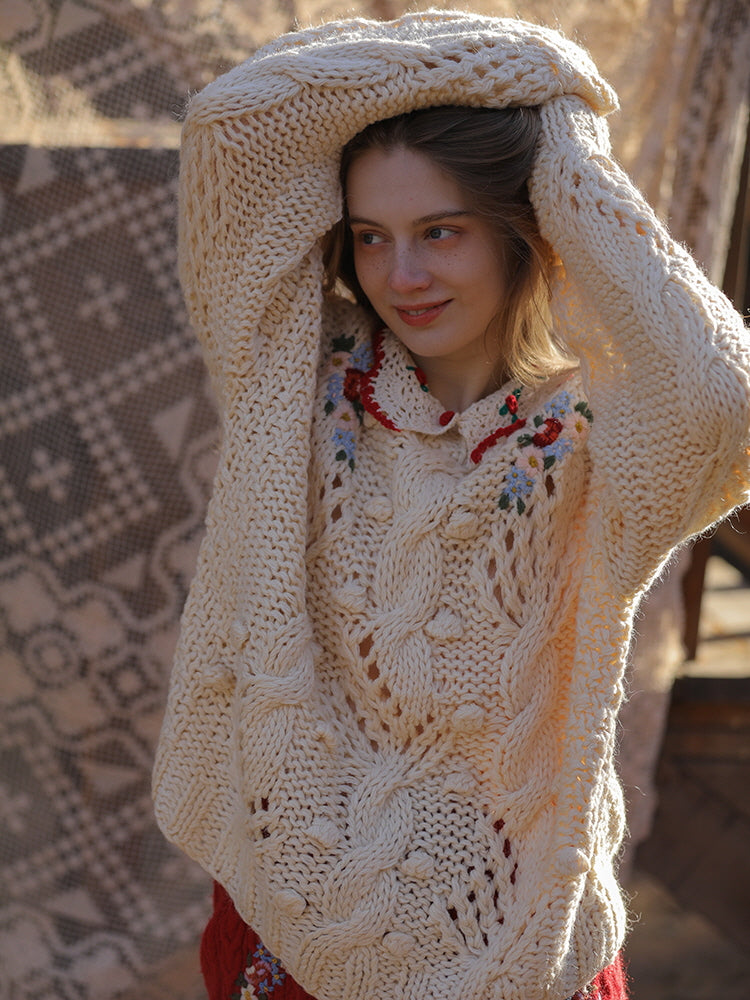 Floral Collared Cozy Knit Sweater