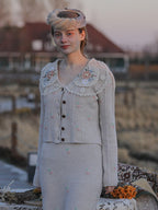 Embroidered Blossom Beige Knit Skirt