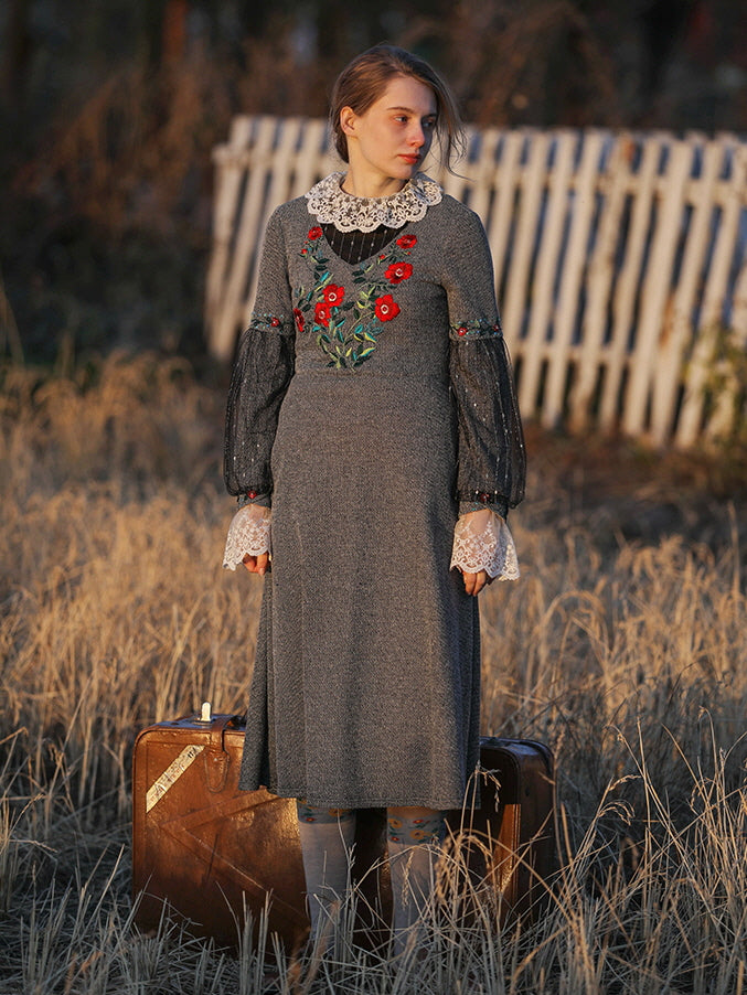 Embroidered Floral Lace Vintage Dress