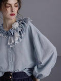 Blue Ruffled Linen-Blend Blouse