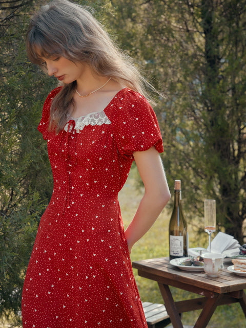 Lace Trim Retro Red Dress with Puff Sleeves