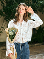 Floral Eyelet Lace Tie-Front Blouse