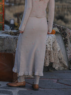 Embroidered Blossom Beige Knit Skirt