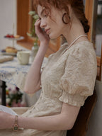 Vintage Lace Buttoned Puff Sleeve Dress